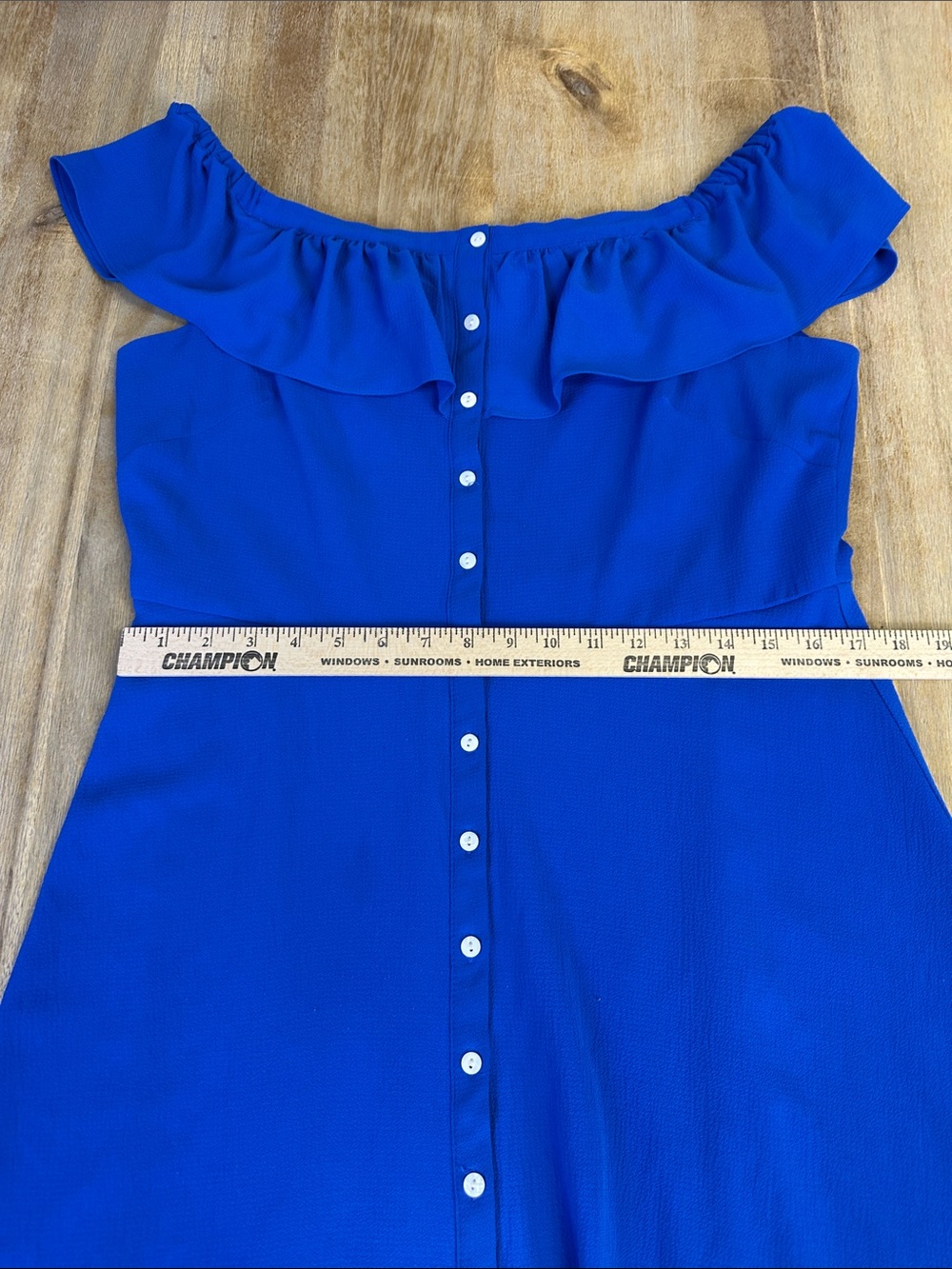 Off-Shoulder Ruffle Button-Front Dress in Royal Blue - Picture 9 of 12